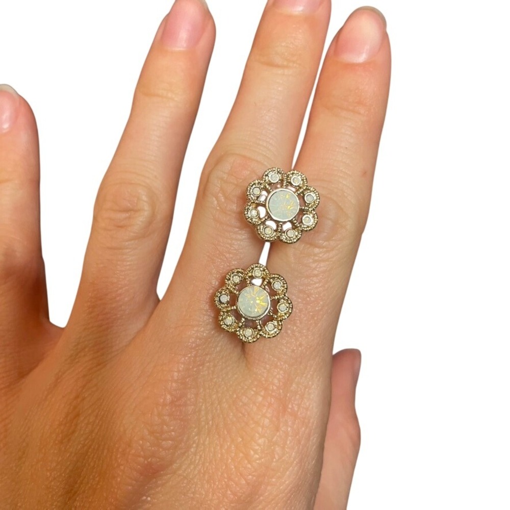 Gold Tone Faux Opal Flower Stud Earrings Scalloped Floral Crystal Accents
